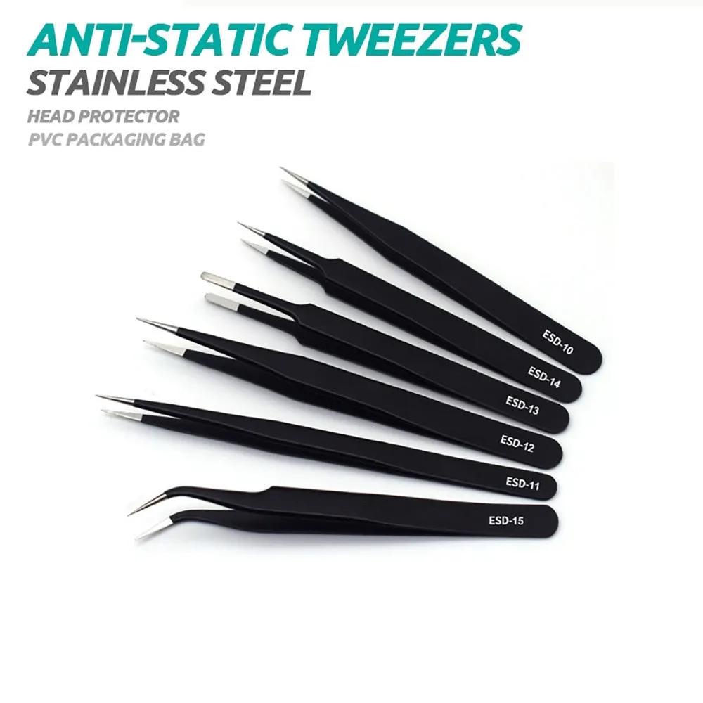 6pcs Precision Tweezers Set Esd Anti Static Stainless Steel Tweezers Repair Tools for Electronics Repair Soldering Craft