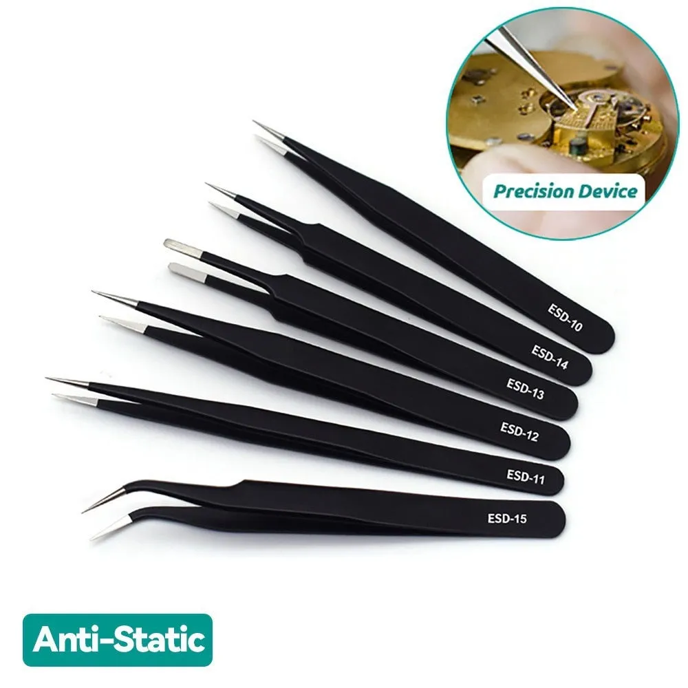 6pcs Precision Tweezers Set Esd Anti Static Stainless Steel Tweezers Repair Tools for Electronics Repair Soldering Craft