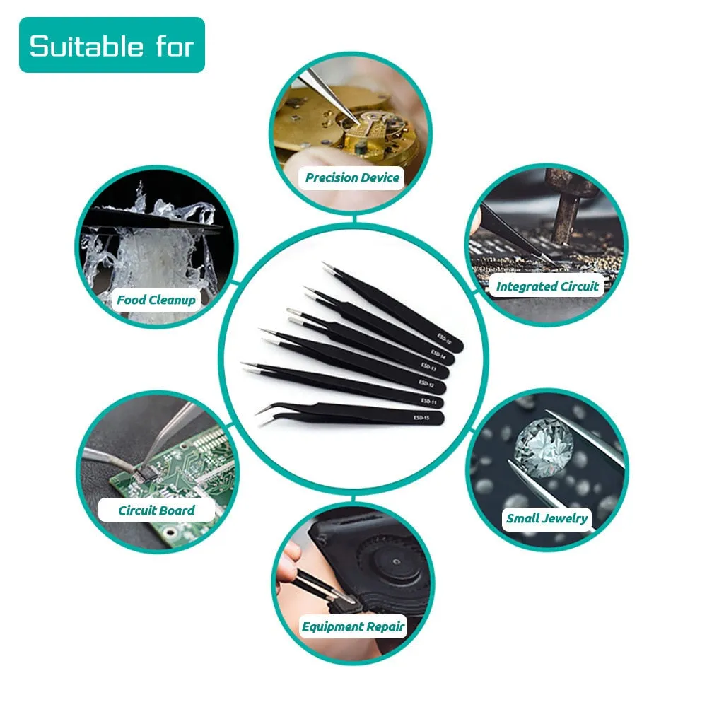 6pcs Precision Tweezers Set Esd Anti Static Stainless Steel Tweezers Repair Tools for Electronics Repair Soldering Craft
