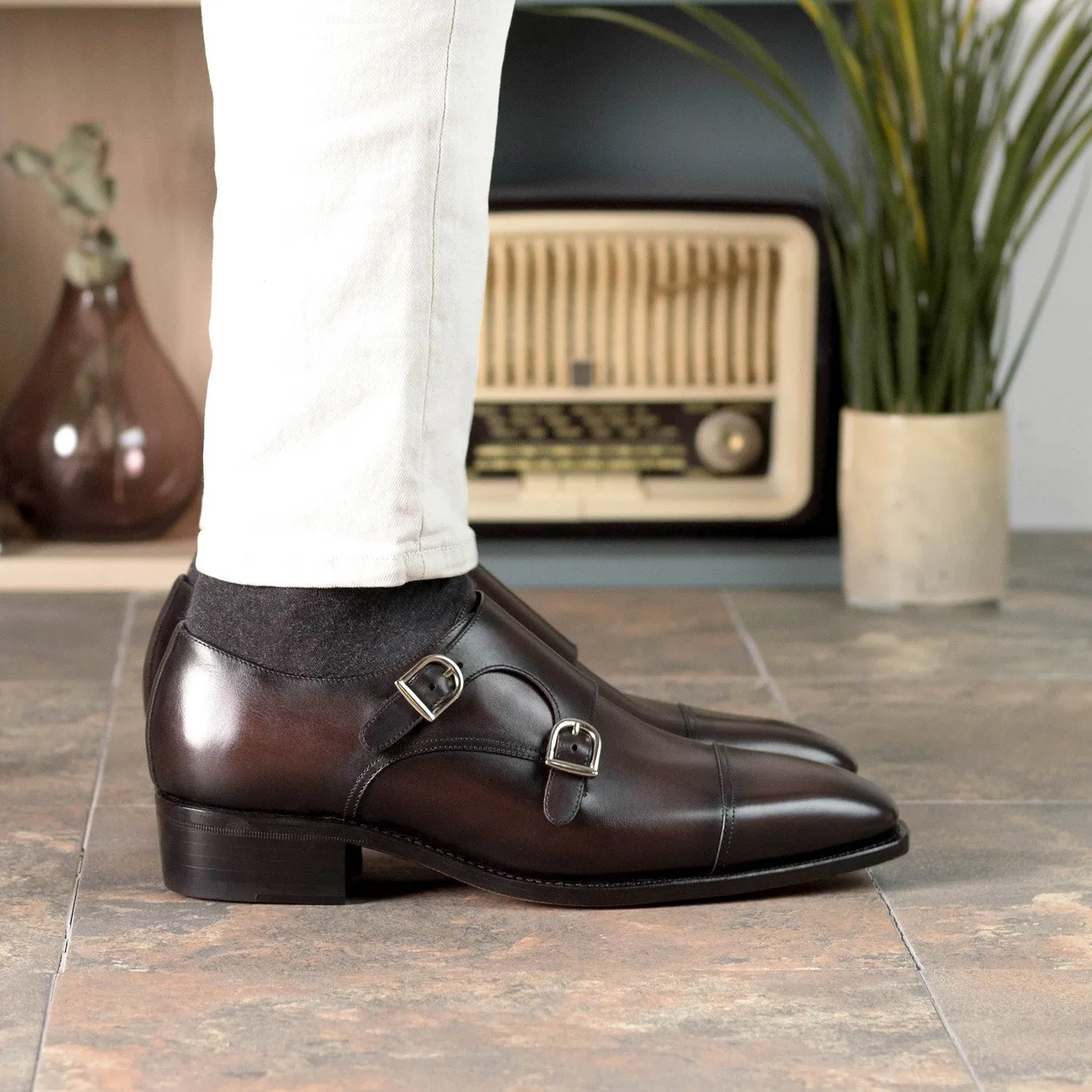 Ambrogio Bespoke Men's Shoes Dark Brown Calf-Skin Leather Monk-Straps Loafers (AMB2296)