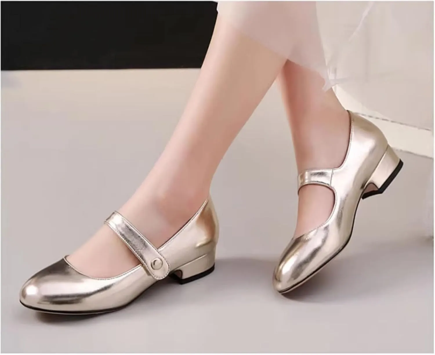 AOQUNFS Girl's Ballroom Latin Dance Shoes Slip On Dress Mary Janes Ankle Strap Low Heel Pumps,DS-18070