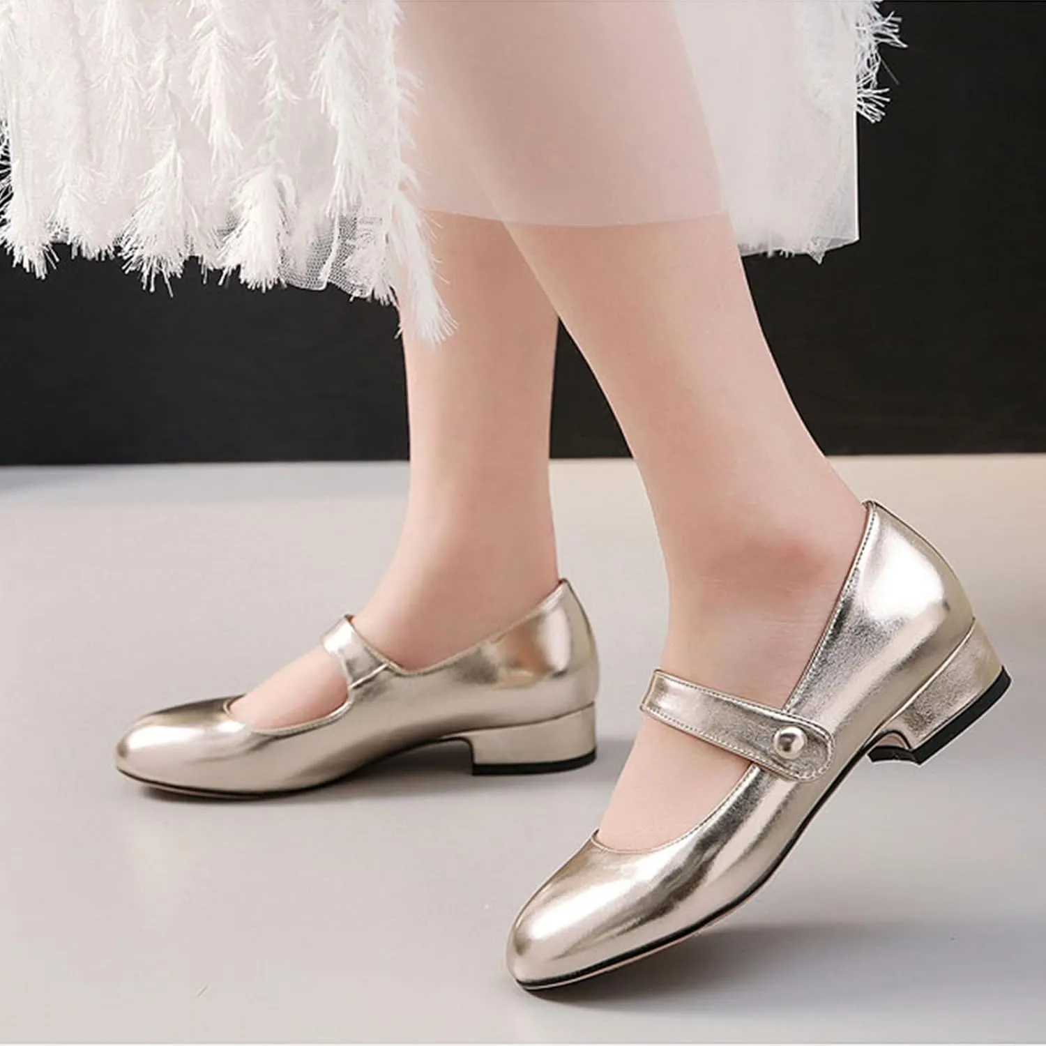 AOQUNFS Girl's Ballroom Latin Dance Shoes Slip On Dress Mary Janes Ankle Strap Low Heel Pumps,DS-18070