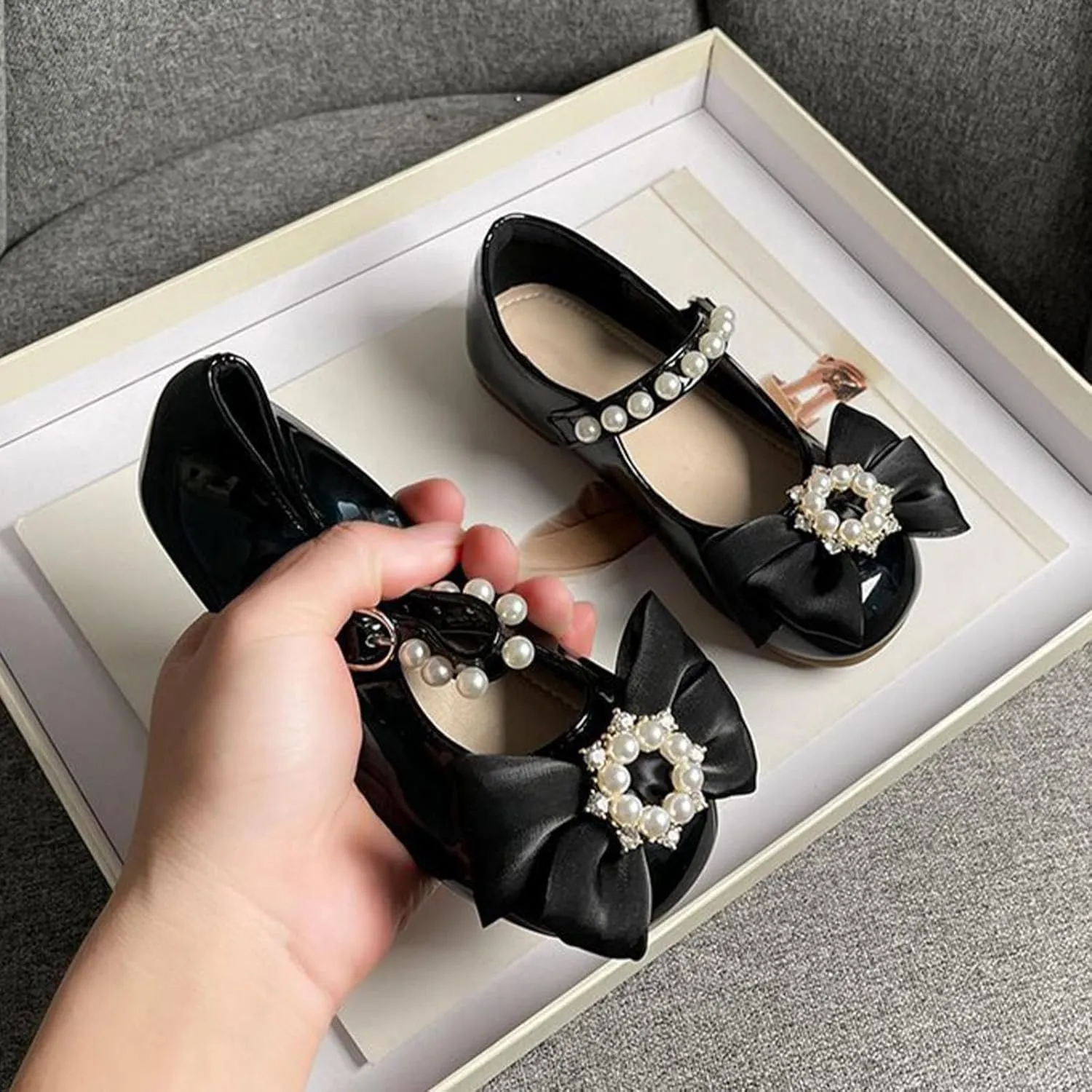Baby Girls Dress Shoes with Pearls Bow Mary Jane Flats Flower Girl Shoes for Wedding Party Shoes Ballet Shoes