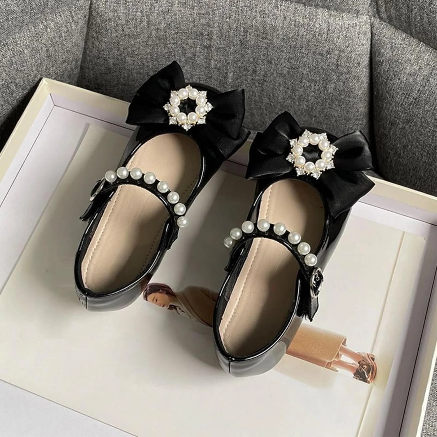 Baby Girls Dress Shoes with Pearls Bow Mary Jane Flats Flower Girl Shoes for Wedding Party Shoes Ballet Shoes