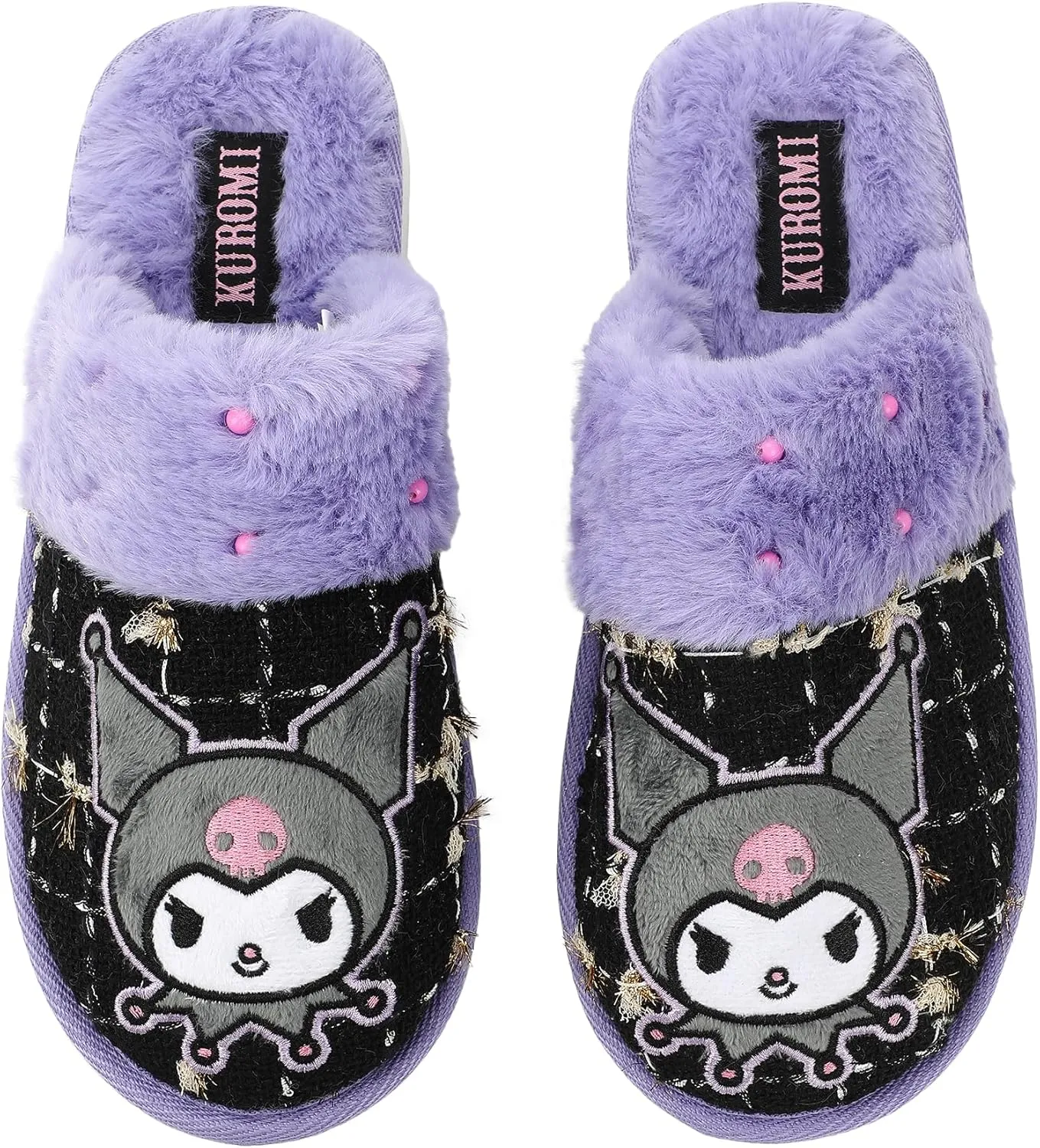 Bioworld Kuromi Character & Rhinestones Women's Black Tweed Mules