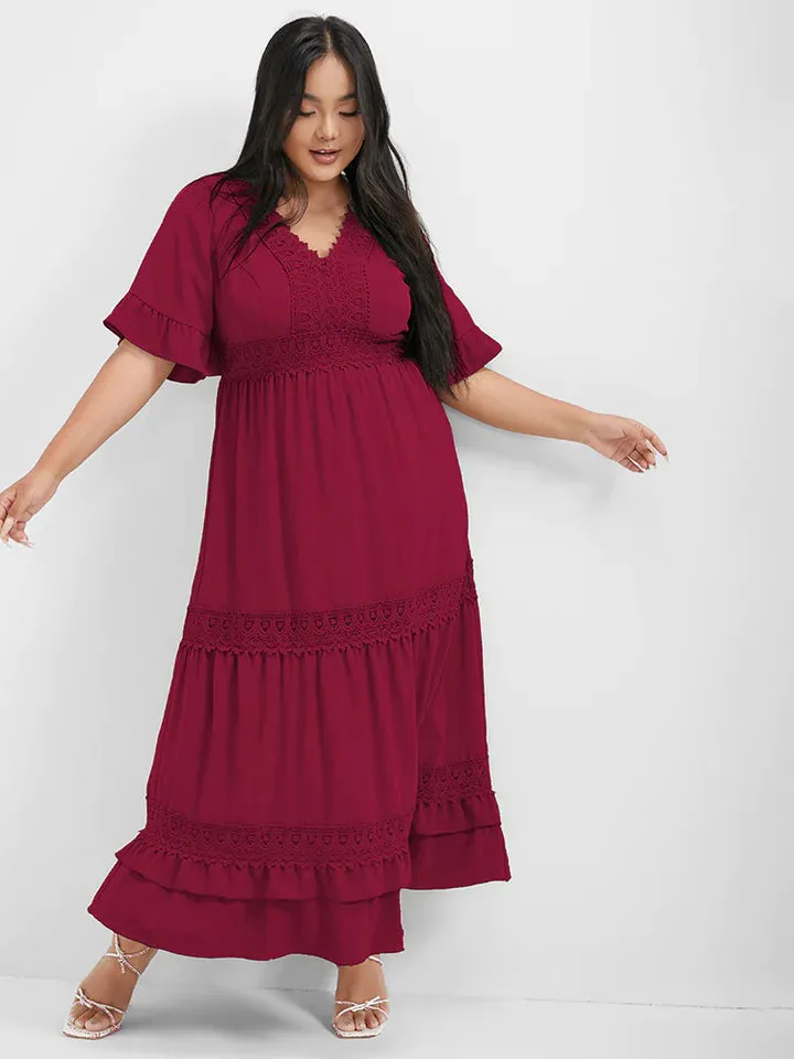 BLOOMCHIC TIERED V-NECK SHORT SLEEVES EYELET LACE DETAIL ROMANTIC DRESS