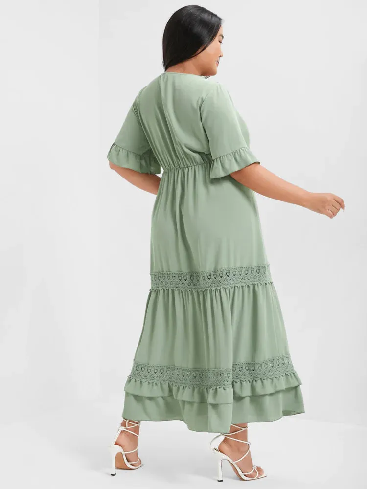 BLOOMCHIC TIERED V-NECK SHORT SLEEVES EYELET LACE DETAIL ROMANTIC DRESS