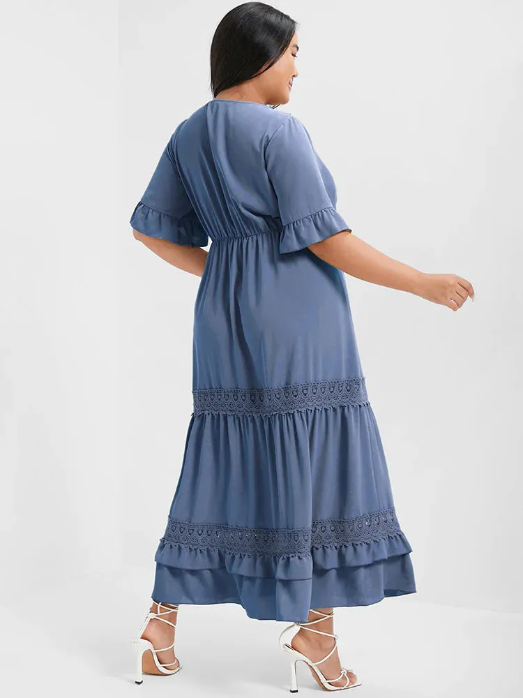 BLOOMCHIC TIERED V-NECK SHORT SLEEVES EYELET LACE DETAIL ROMANTIC DRESS