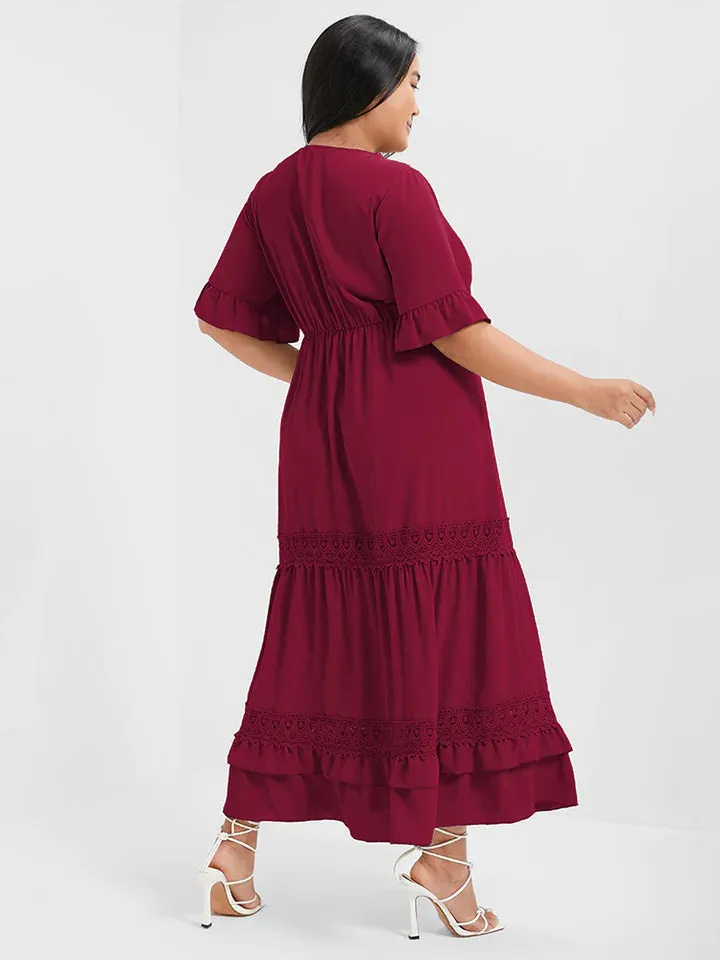 BLOOMCHIC TIERED V-NECK SHORT SLEEVES EYELET LACE DETAIL ROMANTIC DRESS