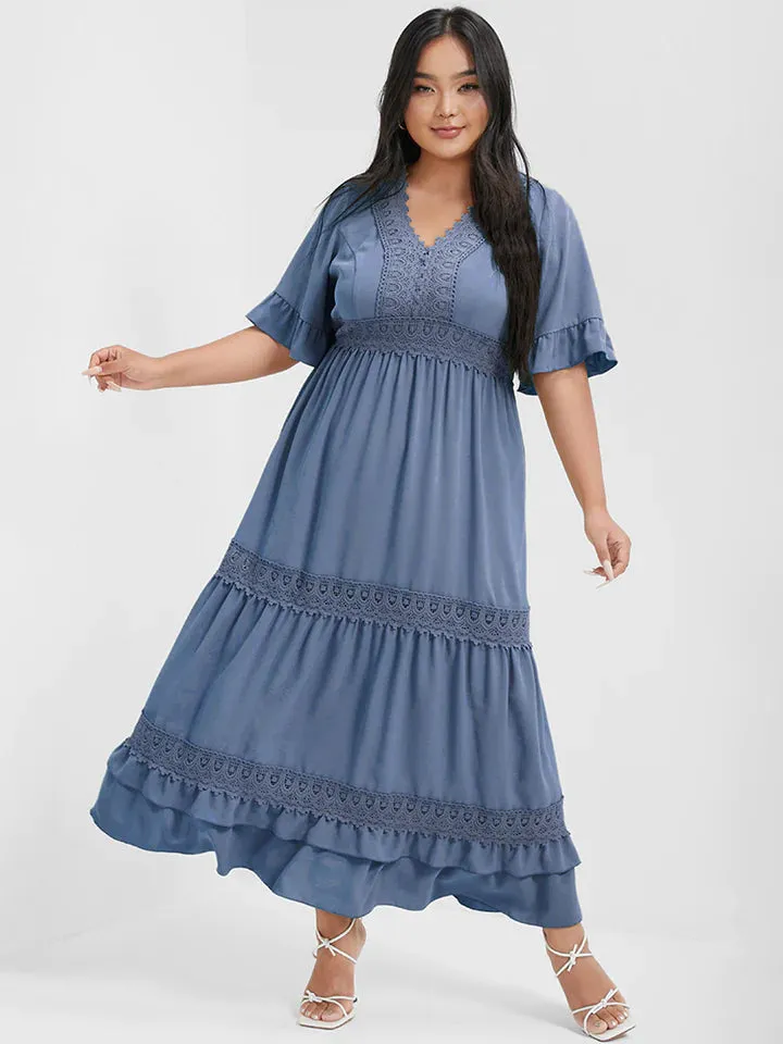 BLOOMCHIC TIERED V-NECK SHORT SLEEVES EYELET LACE DETAIL ROMANTIC DRESS