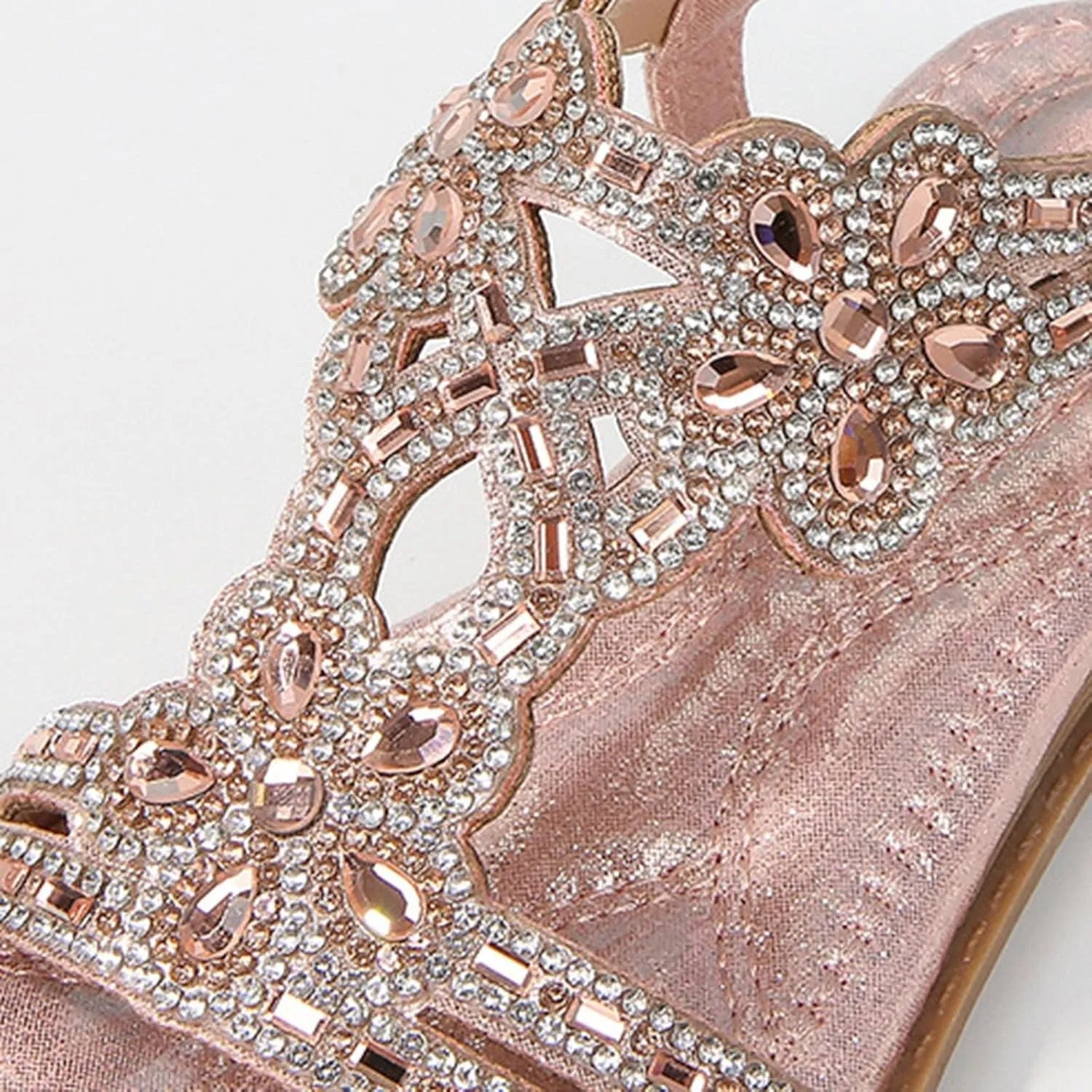 Bohemian Crystal Flats Girls Low Wedge Rhinestone Sandals Open Toe Ankle Elastic T-Strap Flip Flops for Wedding