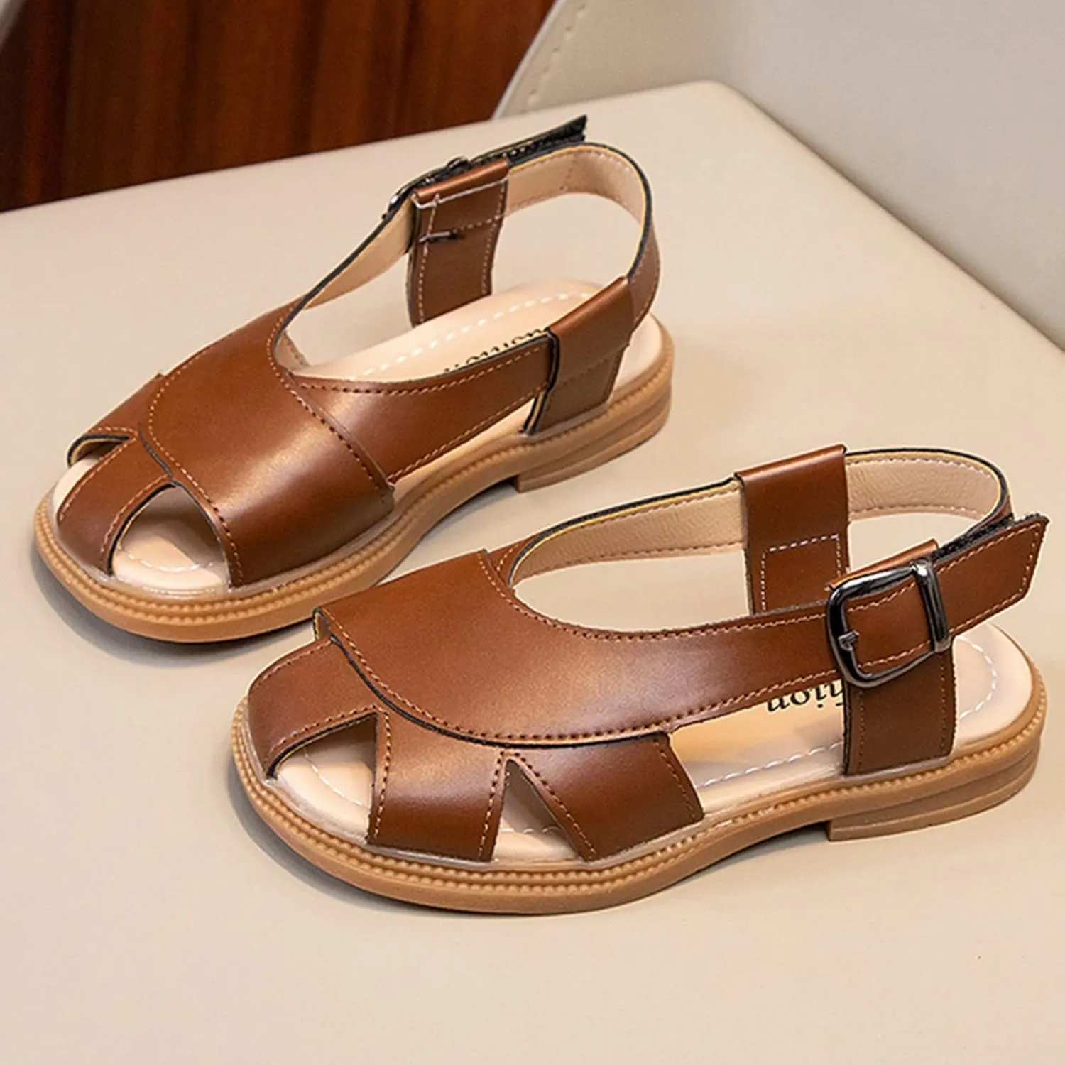 Boys Girls Leather Soft Closed Toe Sandals Lightweight Hollow Outdoor Beach Sport Water Shoes Kids Summer Sandals