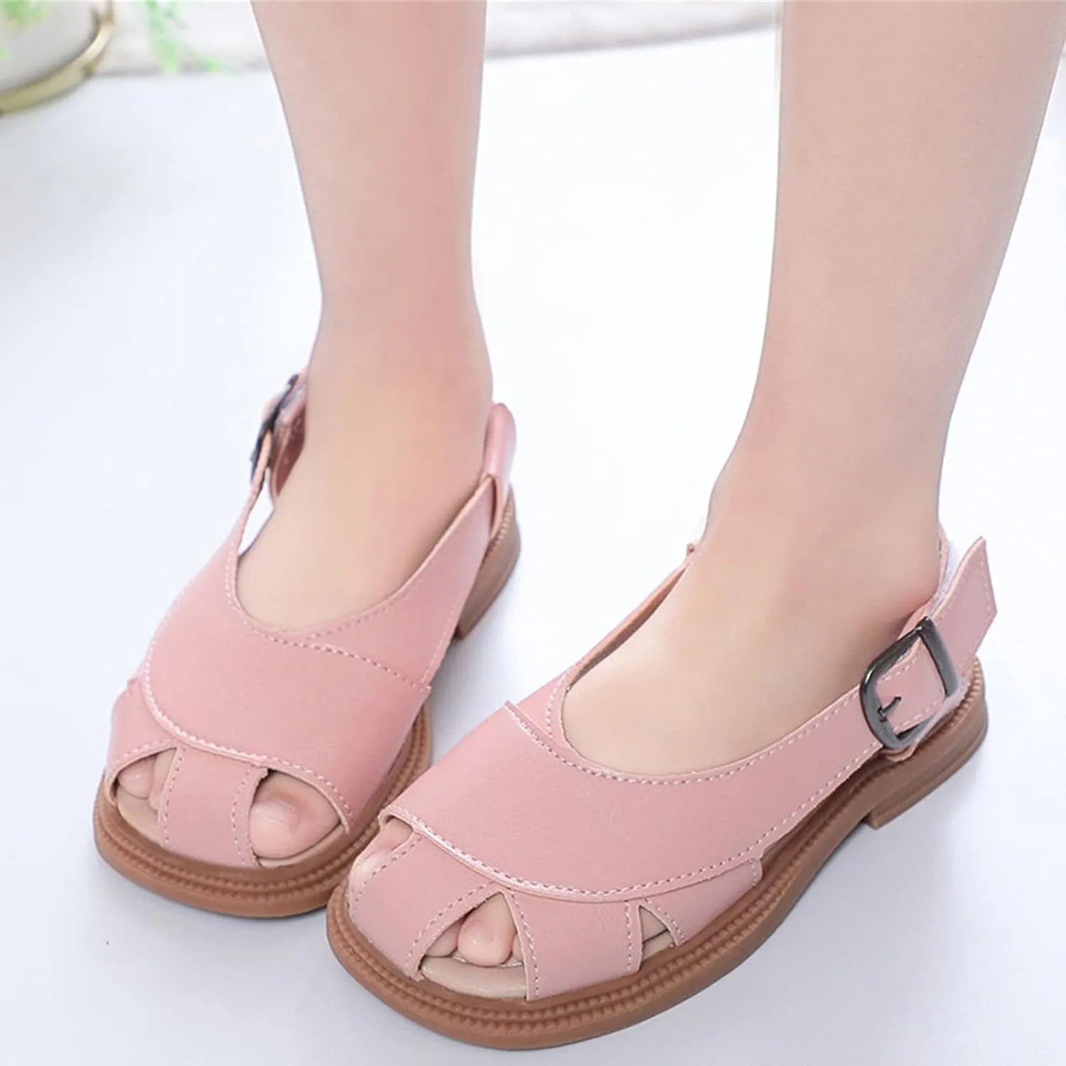 Boys Girls Leather Soft Closed Toe Sandals Lightweight Hollow Outdoor Beach Sport Water Shoes Kids Summer Sandals