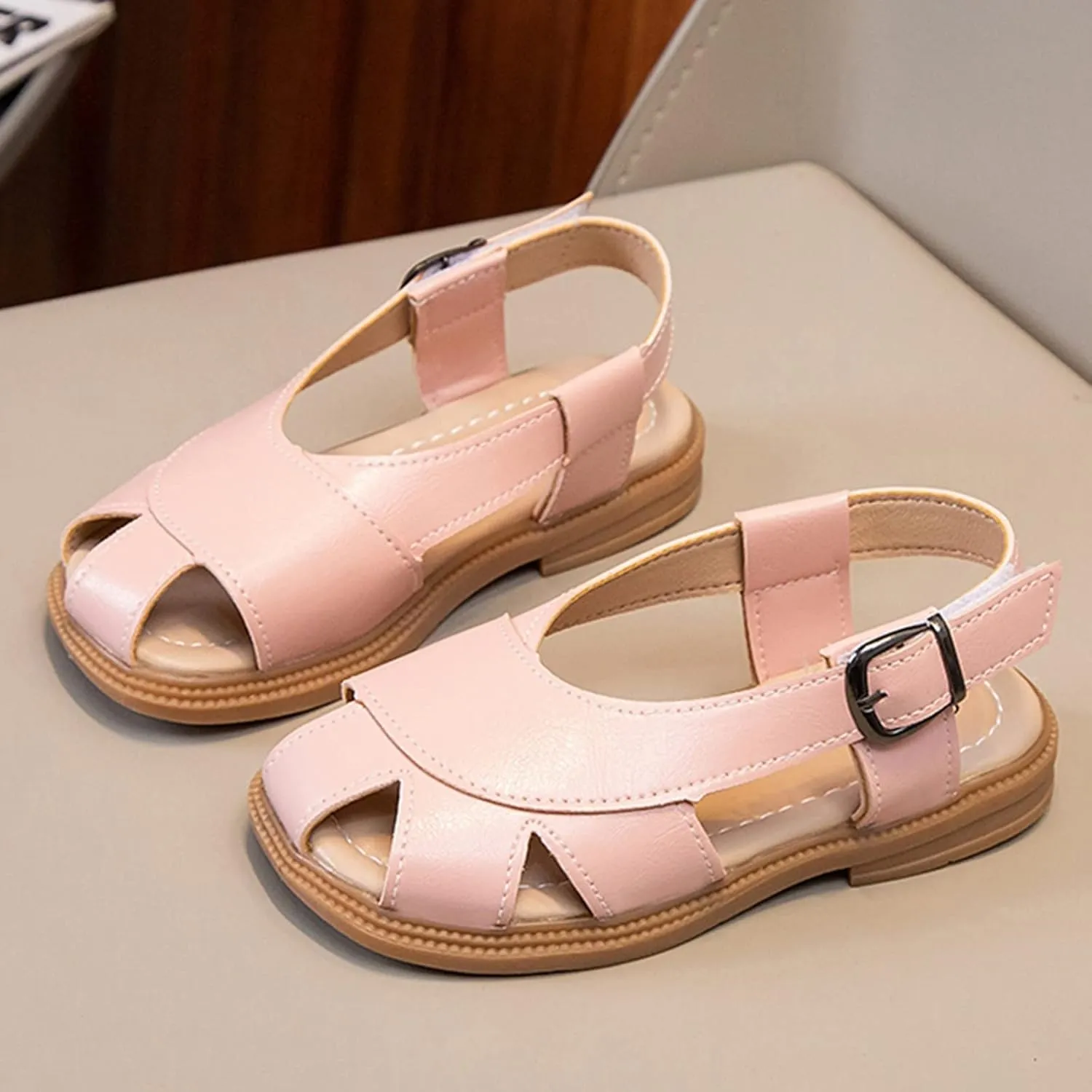 Boys Girls Leather Soft Closed Toe Sandals Lightweight Hollow Outdoor Beach Sport Water Shoes Kids Summer Sandals