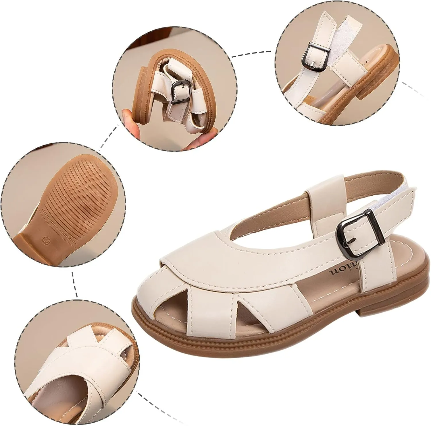 Boys Girls Leather Soft Closed Toe Sandals Lightweight Hollow Outdoor Beach Sport Water Shoes Kids Summer Sandals