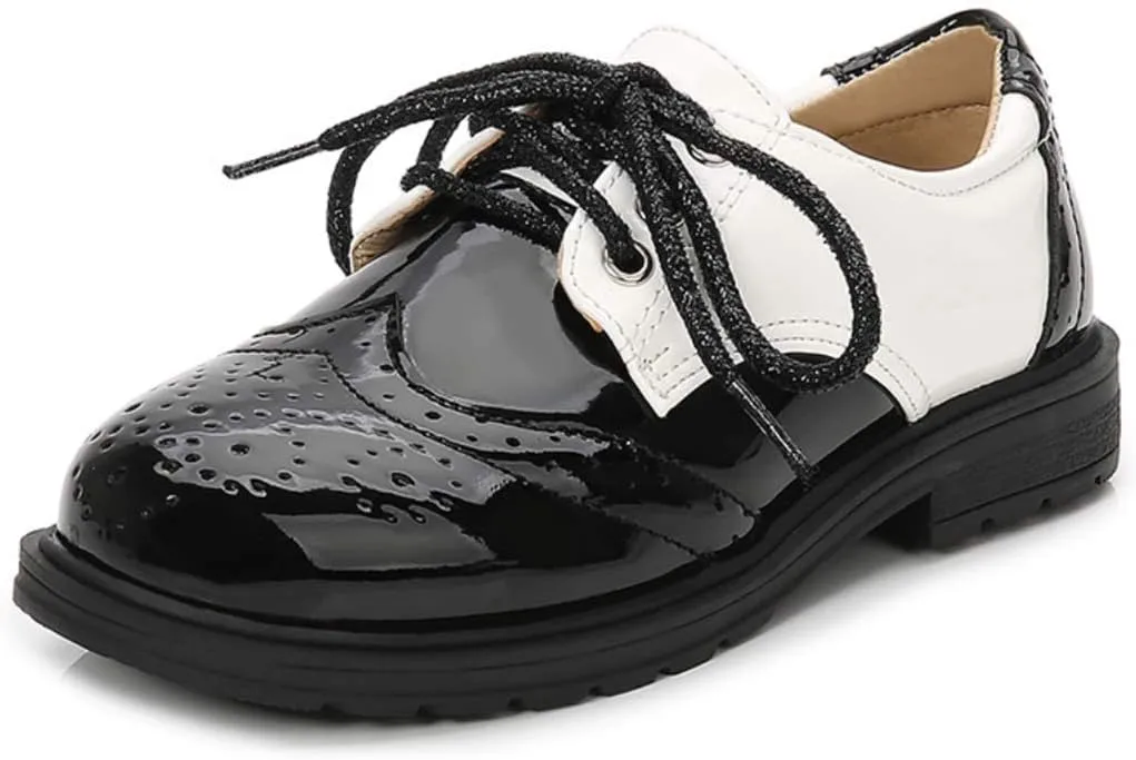 Boys Girls Patent Leather Lace Up Oxfords Comfort Uniform Dress Wedding Shoes