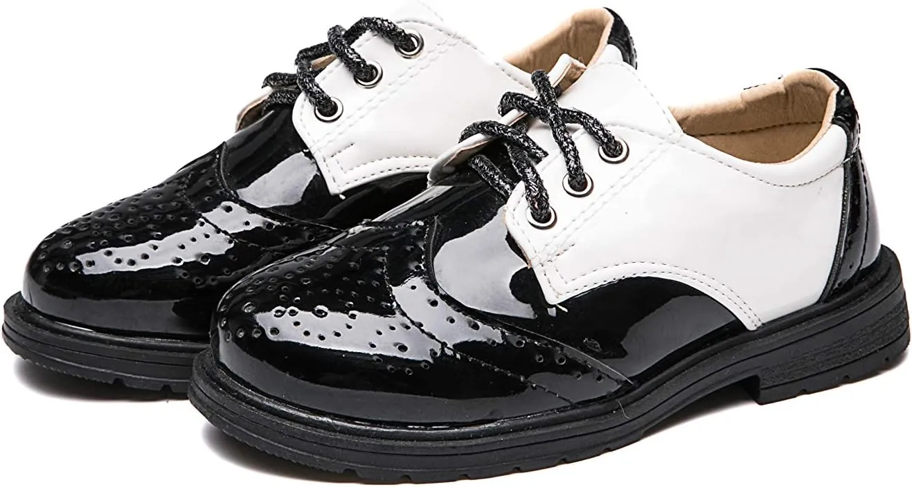 Boys Girls Patent Leather Lace Up Oxfords Comfort Uniform Dress Wedding Shoes