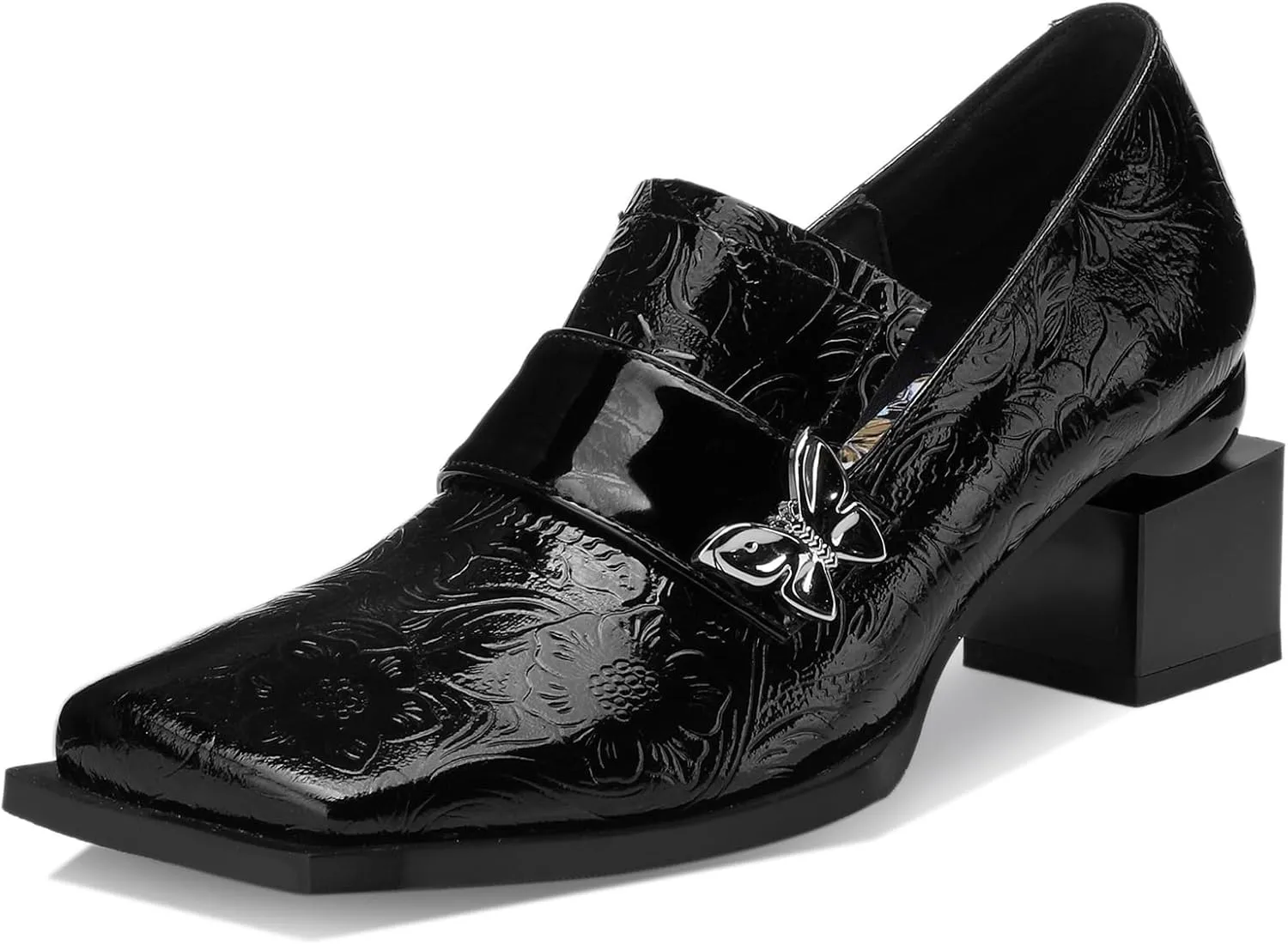 Butterfly Loafers for Women Patent Leather Buckle Square Toe Chunky Block Dress Slip On Wide Casual Comfortable Dressy High Heels Ladies Comfort Moccasins 2 Inch Shoes