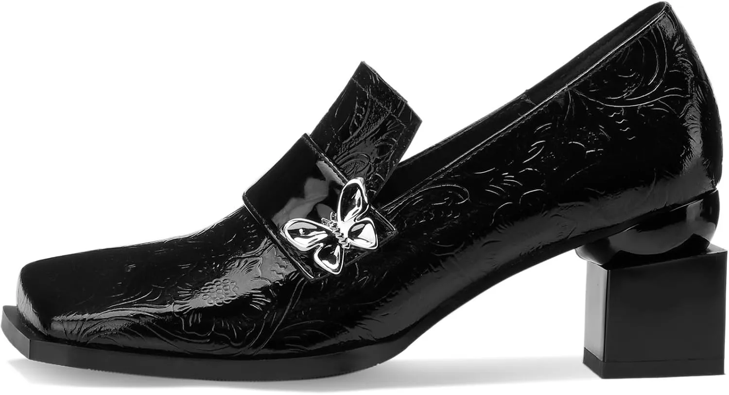 Butterfly Loafers for Women Patent Leather Buckle Square Toe Chunky Block Dress Slip On Wide Casual Comfortable Dressy High Heels Ladies Comfort Moccasins 2 Inch Shoes