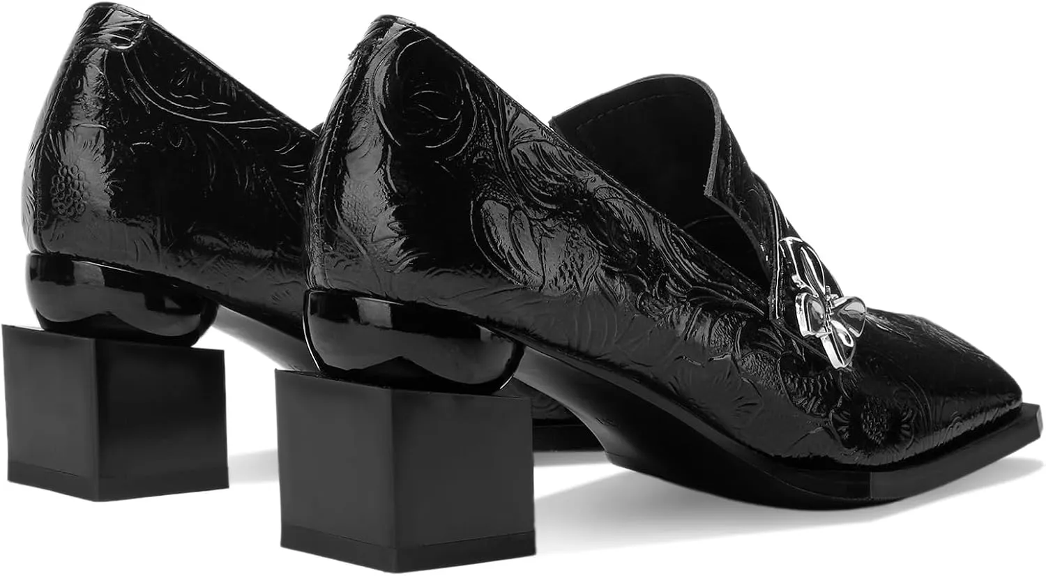 Butterfly Loafers for Women Patent Leather Buckle Square Toe Chunky Block Dress Slip On Wide Casual Comfortable Dressy High Heels Ladies Comfort Moccasins 2 Inch Shoes