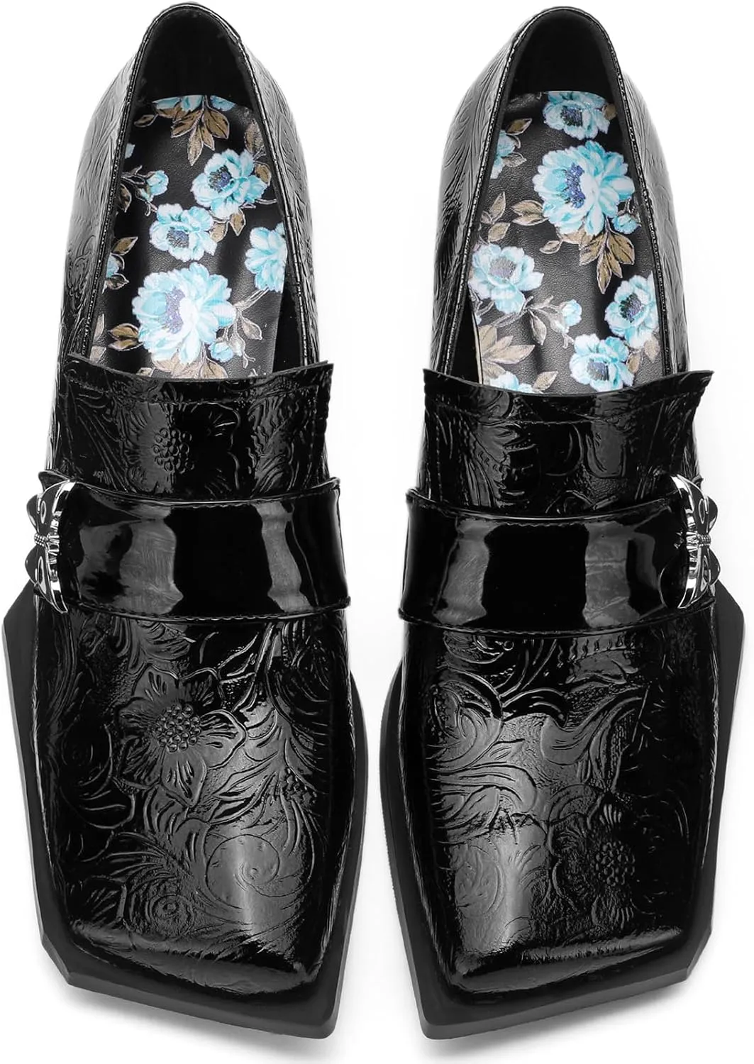 Butterfly Loafers for Women Patent Leather Buckle Square Toe Chunky Block Dress Slip On Wide Casual Comfortable Dressy High Heels Ladies Comfort Moccasins 2 Inch Shoes