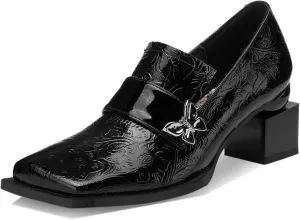Butterfly Loafers for Women Patent Leather Buckle Square Toe Chunky Block Dress Slip On Wide Casual Comfortable Dressy High Heels Ladies Comfort Moccasins 2 Inch Shoes