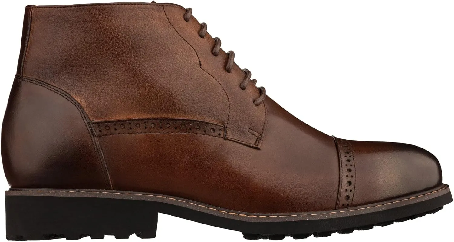 CALTO Men's Invisible Height Increasing Elevator Shoes - Coffee Brown Leather Lace-up Cap-Toe Boots with Inner Faux Fur - 3.2 Inches Taller - Y41084 - Size 10 D(M) US
