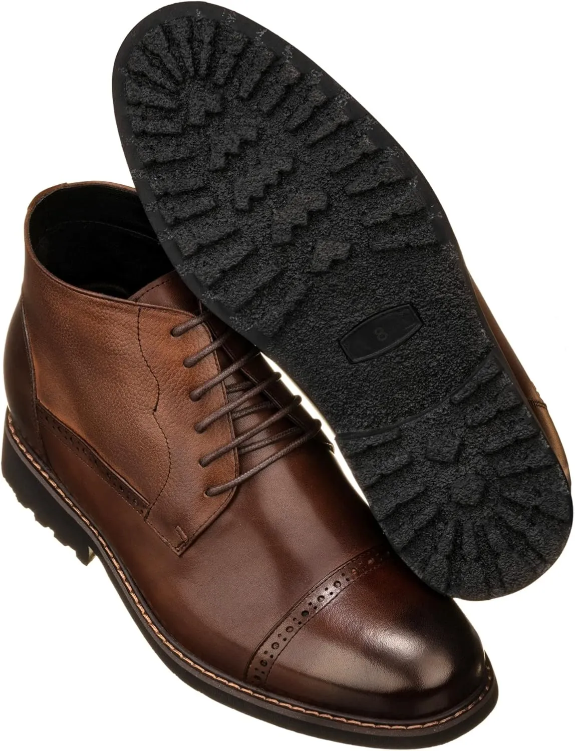 CALTO Men's Invisible Height Increasing Elevator Shoes - Coffee Brown Leather Lace-up Cap-Toe Boots with Inner Faux Fur - 3.2 Inches Taller - Y41084 - Size 10 D(M) US