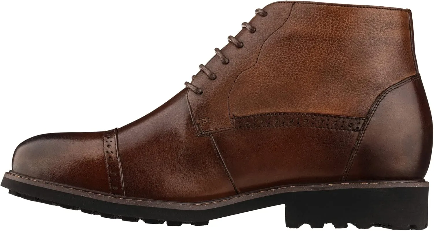 CALTO Men's Invisible Height Increasing Elevator Shoes - Coffee Brown Leather Lace-up Cap-Toe Boots with Inner Faux Fur - 3.2 Inches Taller - Y41084 - Size 10 D(M) US