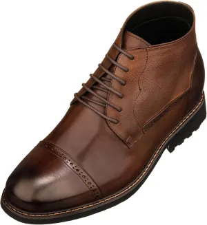 CALTO Men's Invisible Height Increasing Elevator Shoes - Coffee Brown Leather Lace-up Cap-Toe Boots with Inner Faux Fur - 3.2 Inches Taller - Y41084 - Size 10 D(M) US
