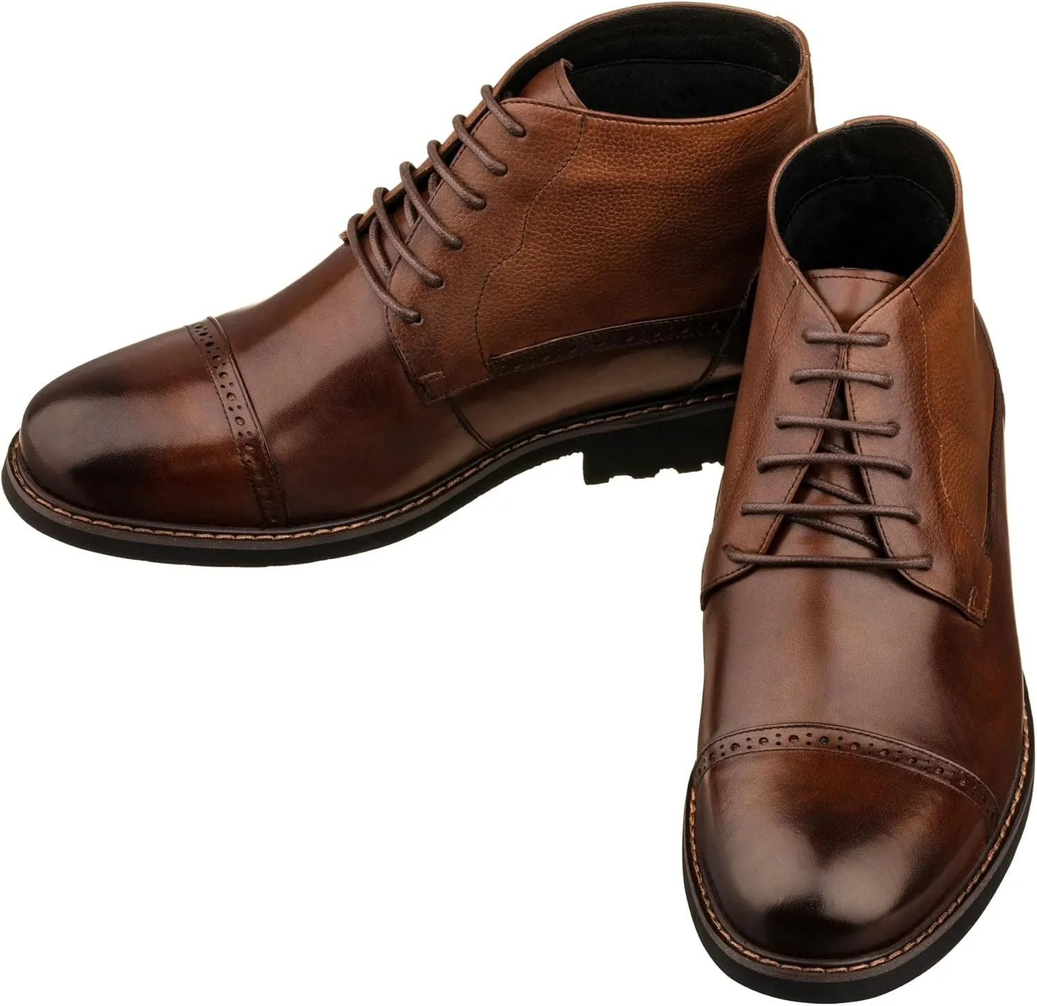 CALTO Men's Invisible Height Increasing Elevator Shoes - Coffee Brown Leather Lace-up Cap-Toe Boots with Inner Faux Fur - 3.2 Inches Taller - Y41084 - Size 10 D(M) US