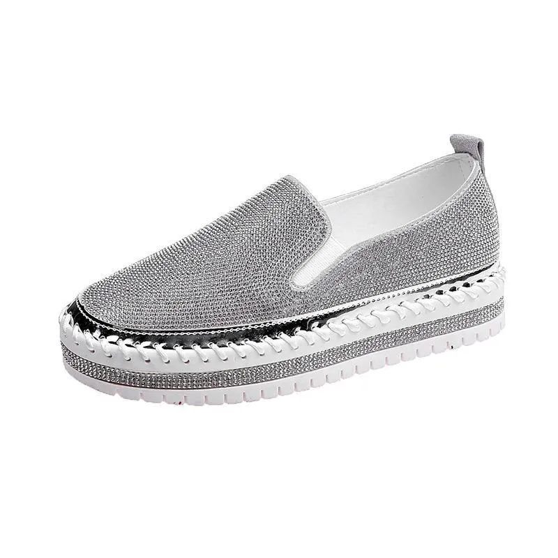 Chicvane Round Toe Rhinestones Platform Loafers