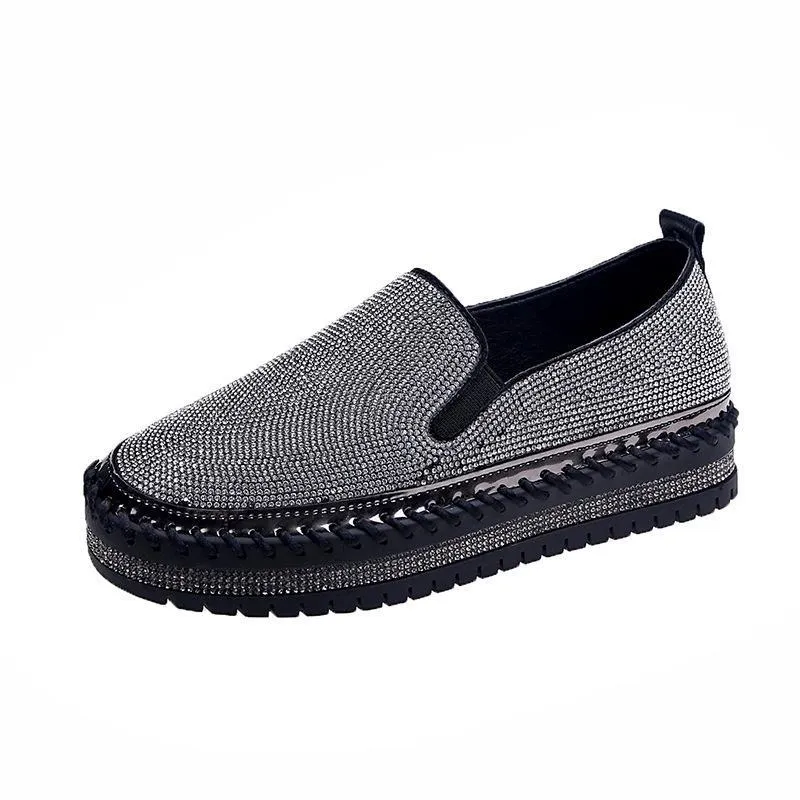 Chicvane Round Toe Rhinestones Platform Loafers