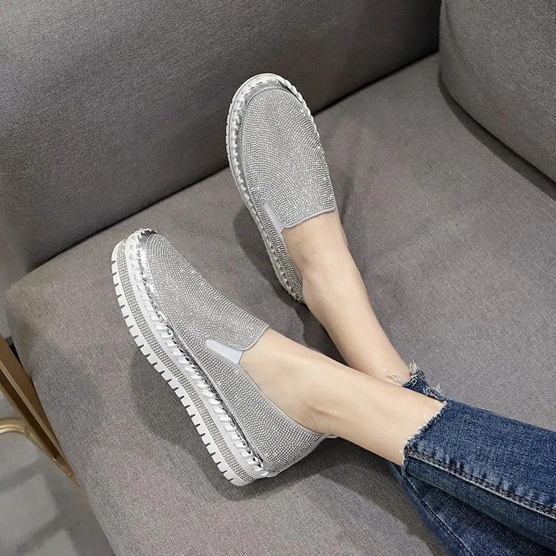Chicvane Round Toe Rhinestones Platform Loafers