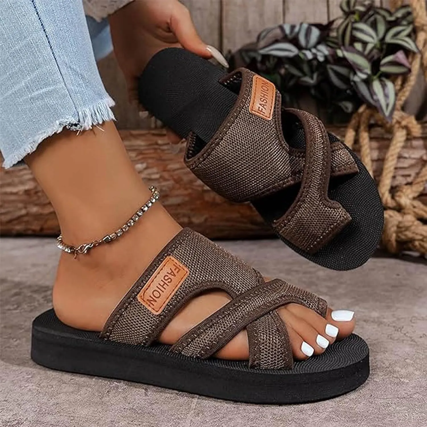 Dheva-C Womens Hollow Mesh Slide Sandals Summer Dressy Comfortable Orthopedic Arch Support Mesh Sandals for Women Flat Casual Beach Slip On Sandals