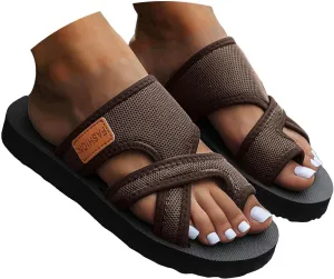 Dheva-C Womens Hollow Mesh Slide Sandals Summer Dressy Comfortable Orthopedic Arch Support Mesh Sandals for Women Flat Casual Beach Slip On Sandals