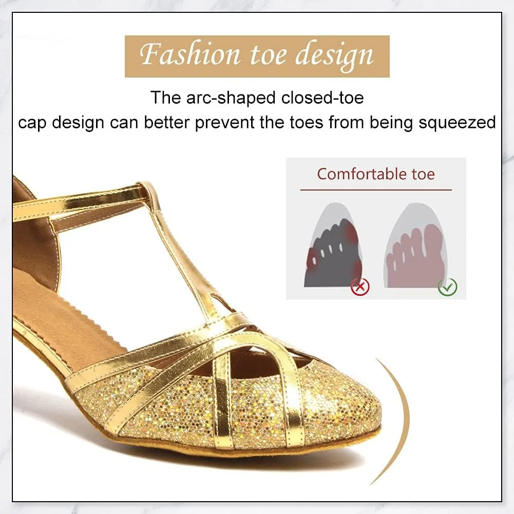 DKZSYIM Glitter Women Latin Dance Shoes Closed Toe Ballroom Salsa Tango Practice Performence Party Dancing Shoes,Model CMJ-511