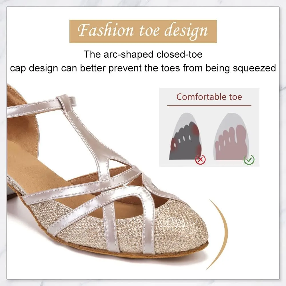DKZSYIM Glitter Women Latin Dance Shoes Closed Toe Ballroom Salsa Tango Practice Performence Party Dancing Shoes,Model CMJ-511