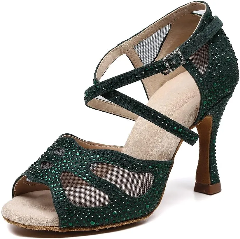 DKZSYIM Women Rhinestone Latin Ballroom Dance Shoes Bachata Salsa Practice Performance Dance Shoes,Model QJW9003