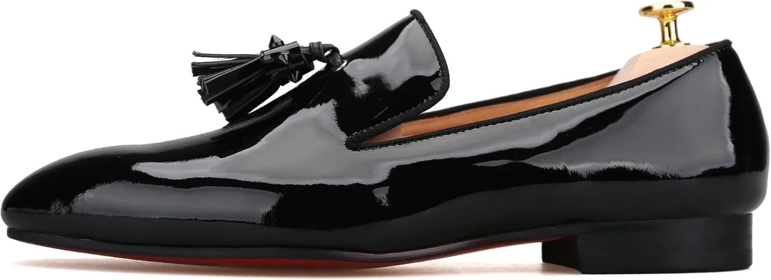 FERUCCI Men Black Leather Spiked Tassel Slippers Loafers Flats Prom Wedding Shoes