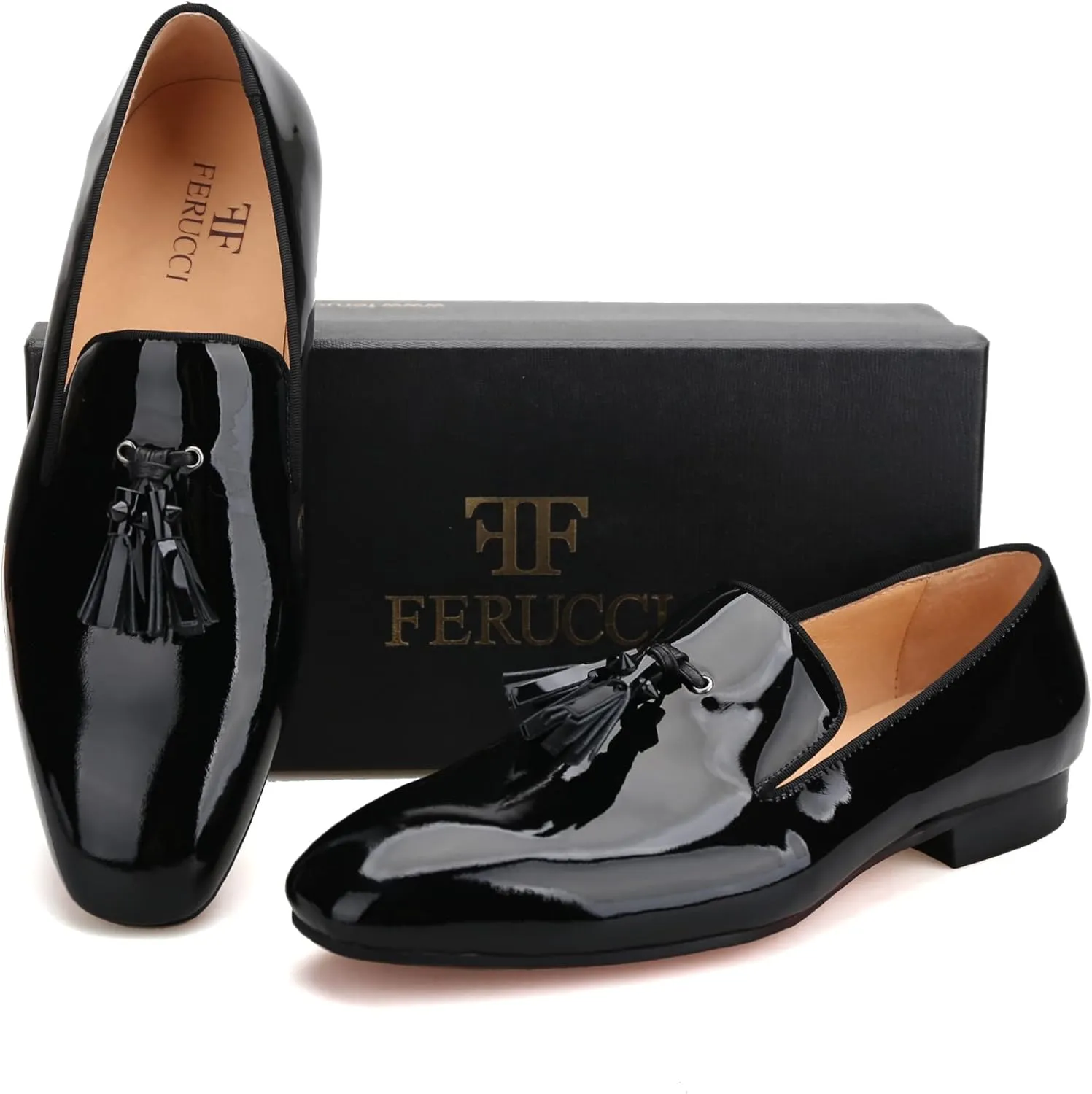 FERUCCI Men Black Leather Spiked Tassel Slippers Loafers Flats Prom Wedding Shoes