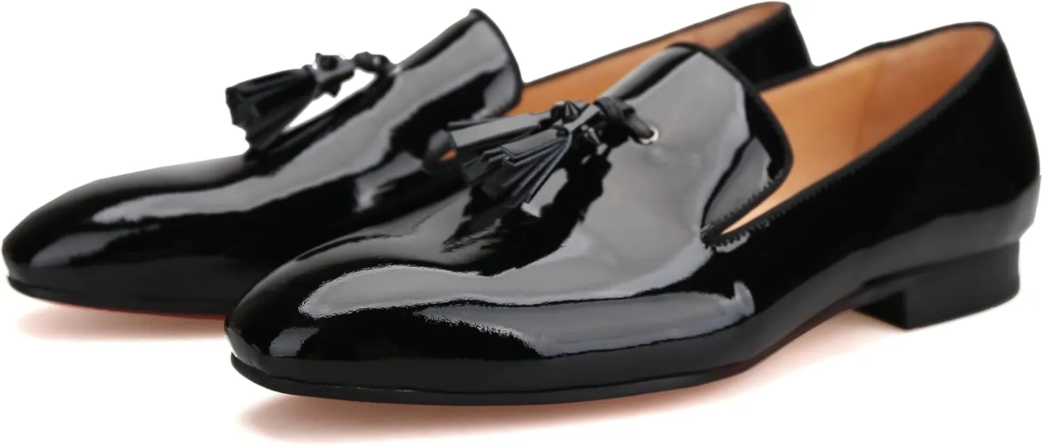 FERUCCI Men Black Leather Spiked Tassel Slippers Loafers Flats Prom Wedding Shoes