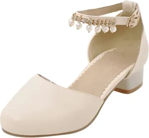 Flower Girls Mary Jane Pumps Kids Closed Toe Chunky High Heels Wedding Party Dress Shoes Princess Formal Shoes
