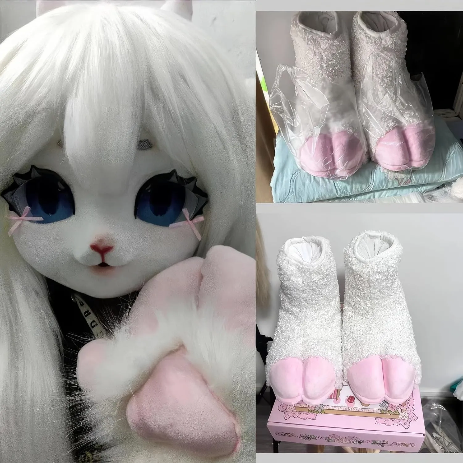 Furry Sheep Hoof Feet, Animal Cat Wolf Dog Fox Fur Clothing Paw Slippers, Fur Clothing Clothing Accessories Paw Slippers(C)