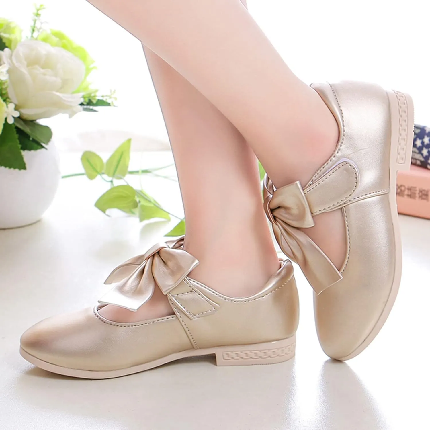 Girls Ballet Shoes Flower Mary Jane Flat?? with Bow Dress Shoes Part?? Wedding Communio?? Shoes for Kids Toddler