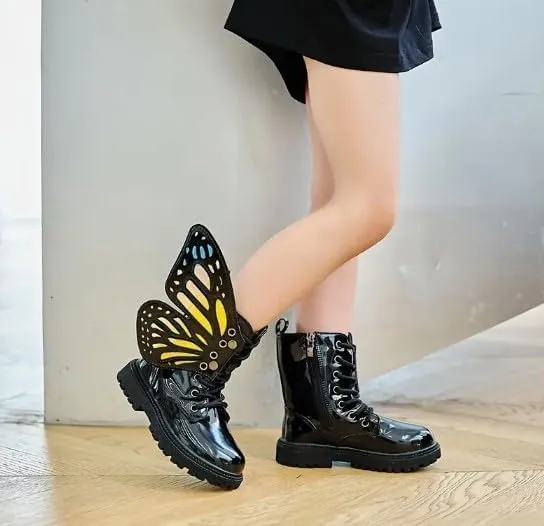Girls Butterfly Leather Boots | Winter, Non-slip, Casual Booties | Detachable Wings, Colorful, Chic Black Boots