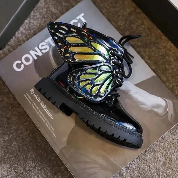 Girls Butterfly Leather Boots | Winter, Non-slip, Casual Booties | Detachable Wings, Colorful, Chic Black Boots