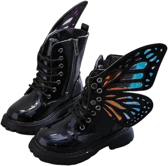 Girls Butterfly Leather Boots | Winter, Non-slip, Casual Booties | Detachable Wings, Colorful, Chic Black Boots
