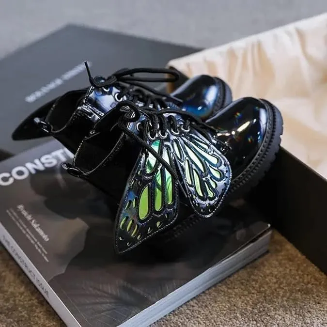 Girls Butterfly Leather Boots | Winter, Non-slip, Casual Booties | Detachable Wings, Colorful, Chic Black Boots