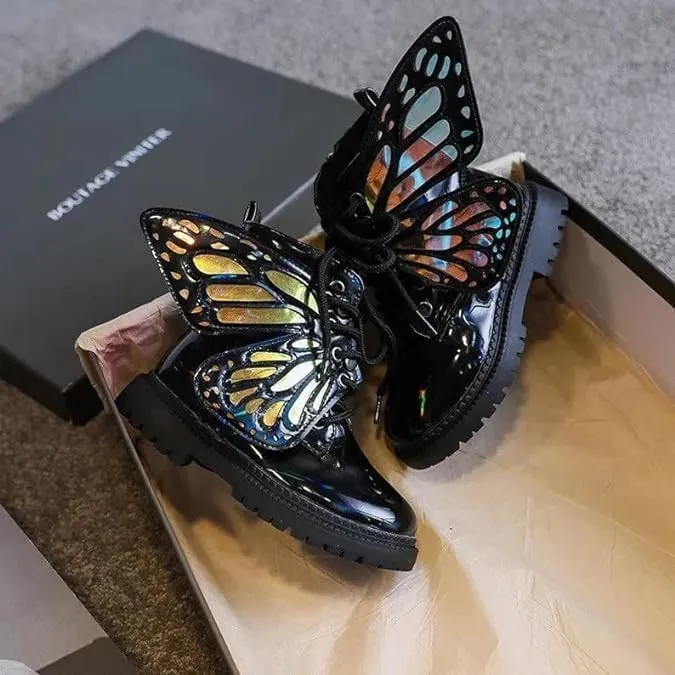 Girls Butterfly Leather Boots | Winter, Non-slip, Casual Booties | Detachable Wings, Colorful, Chic Black Boots